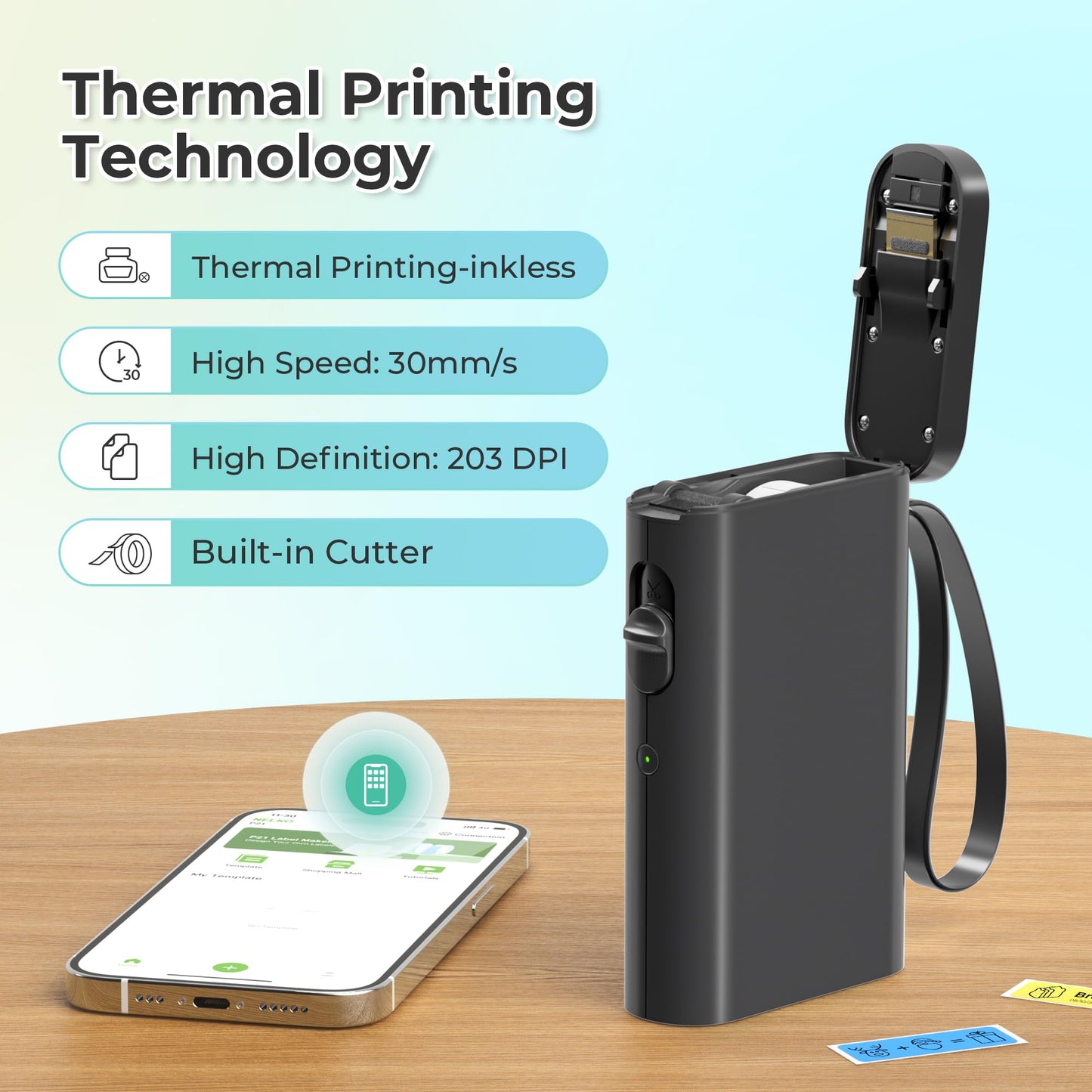 Nelko label printer, Bluetooth P21 self-adhesive labeling machine. Portable label printer, wireless, mini label printer with iOS and Android. For home use, black.