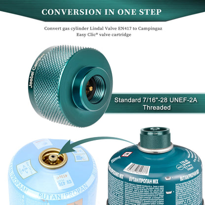 Jeebel Camp gas cooker adapter for Easy Clic® Plus system. Converts CV bayonet connection to Type MSF-1a connection or Lindal valve connection (Lindal valve connection).