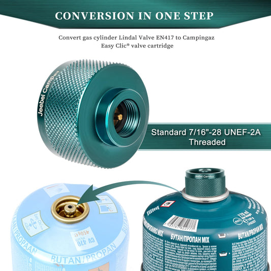 Jeebel Camp gas cooker adapter for Easy Clic® Plus system. Converts CV bayonet connection to Type MSF-1a connection or Lindal valve connection (Lindal valve connection).