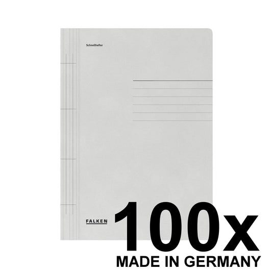 Original Falcon 100-pack recycled fasteners size A4 grey. Made in Germany with Blue Angel certification. Ideal for school and university use.