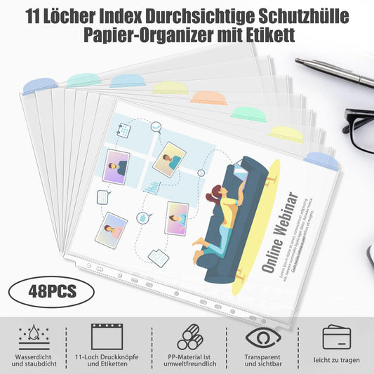 Clear plastic sheets A4 with color index Can be used as dividers for A4 folders, 48 pieces A4 sheet protectors, Top open Clear sheet protectors A4 for A4 register and folder dividers