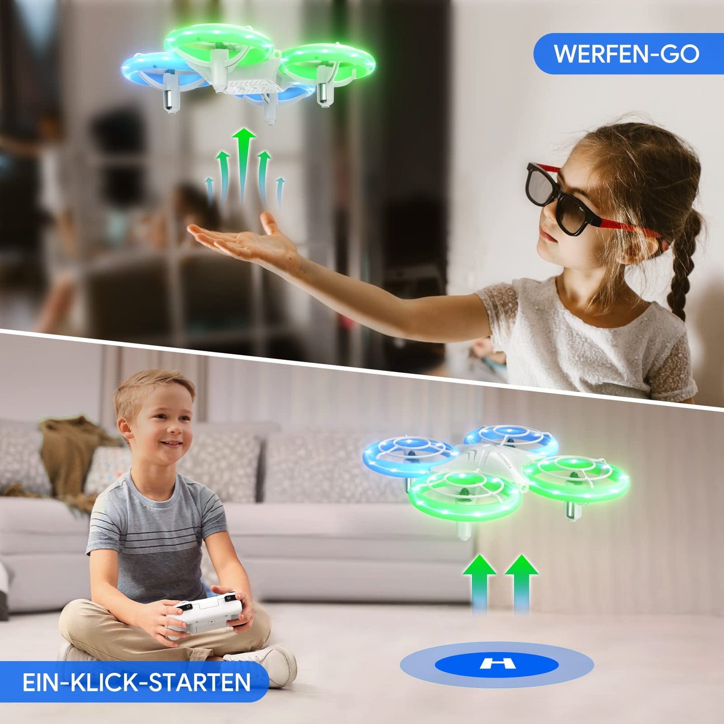 TOMZON Mini Drone for Kids, Blue and Green LED Lights, RC Quadcopter with 2 Batteries, Headless Mode, Throw Go/3D Flip/Rotation/Circle Fly for Beginner Kids