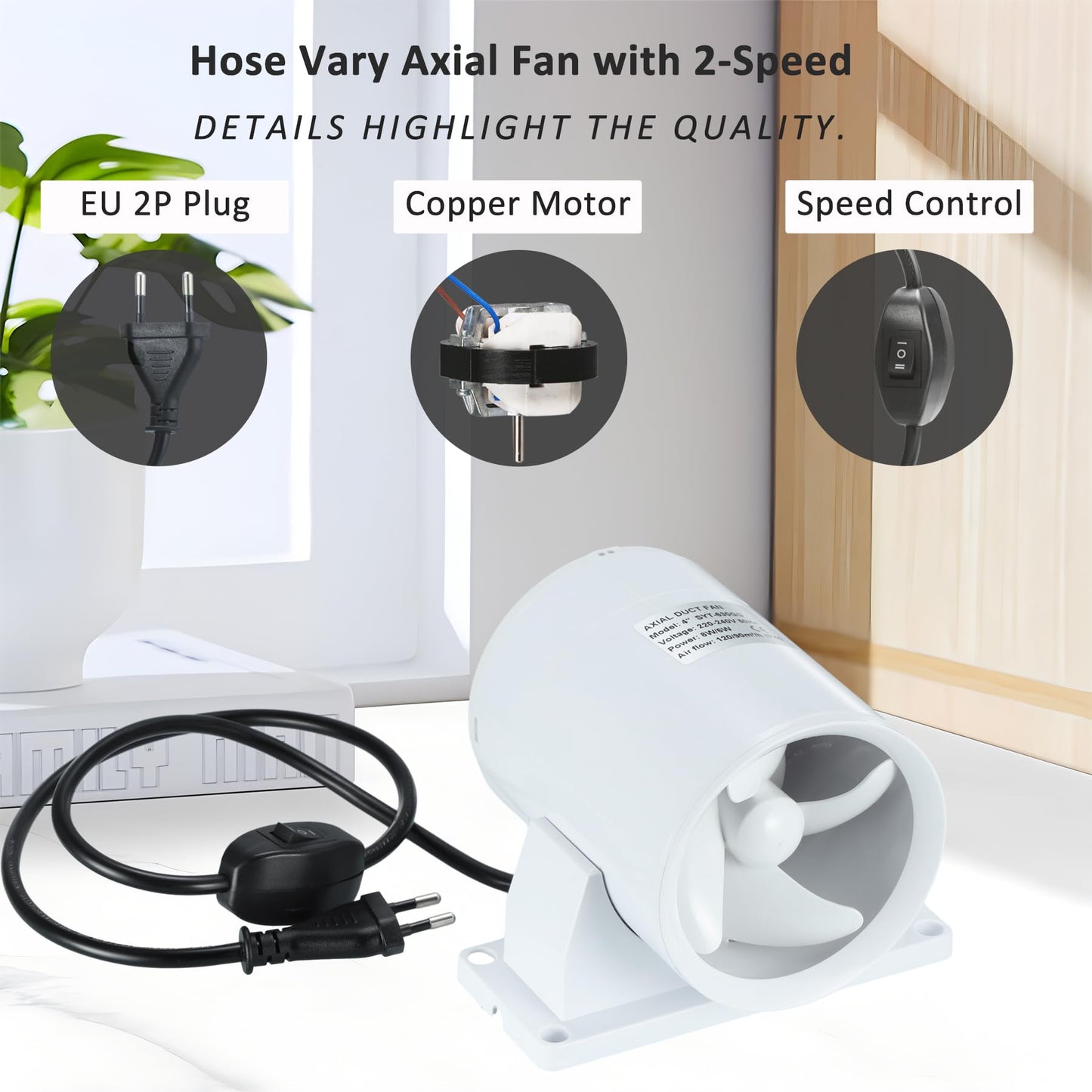 100mm duct fan, adjustable high/low speed exhaust fan + ducting + tape kit for bathroom, toilet, kitchen, greenhouse, tent, garage.