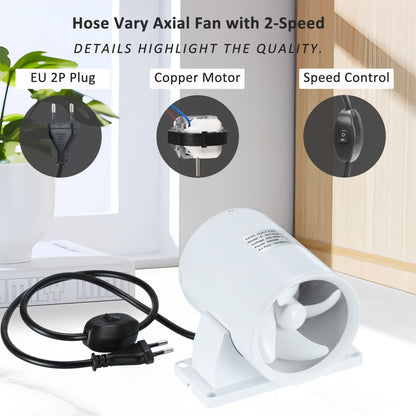 100mm duct fan, adjustable high/low speed exhaust fan + ducting + tape kit for bathroom, toilet, kitchen, greenhouse, tent, garage.