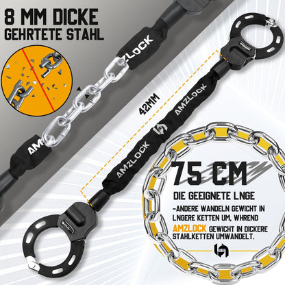 AMZLOCK E Scooter Lock with Bag | 8mm Thick Chain Lock | Handcuff Lock for E Scooter | with 3 Keys | 1.6kg/75cm High Security Lock