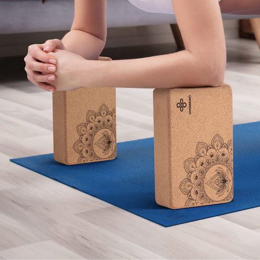Overmont Yoga Blocks Cork 2 Pack Yoga Block with Yoga Strap - Cork Block for Fitness, Pilates, Stretching, and Meditation.