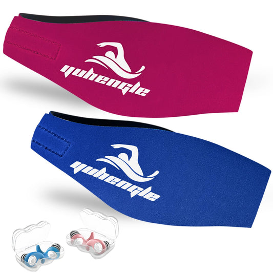 Swimming headband for adults - 2 pairs of swim earplugs & neoprene swim band, high elasticity & Velcro closure - waterproof headband hairband for diving, pool, showers, and water sports.