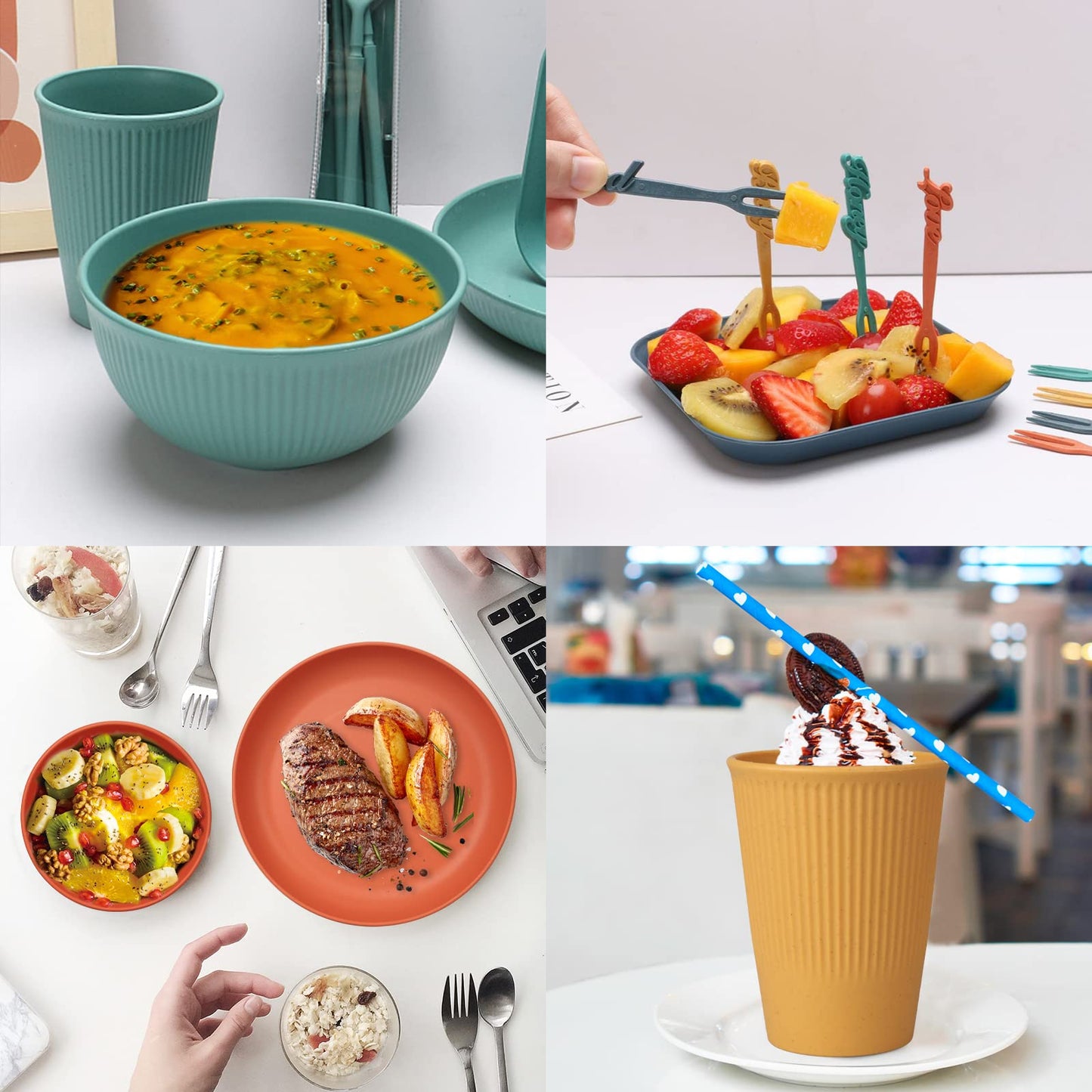 48 Piece Unbreakable Dinnerware Set, Reusable Camping Plasticware for 4 People Picnic Lightweight Colorful Grill Plastic Serving Plates Bowls Utensils