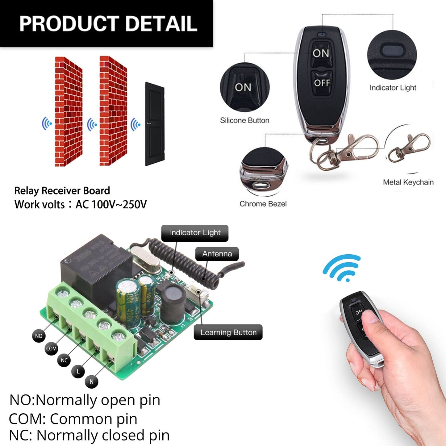 This RC radio remote control switch 220V 230V 1 channel wireless control relay receiver with 5 transmitter keychains potential-free contacts relay controller