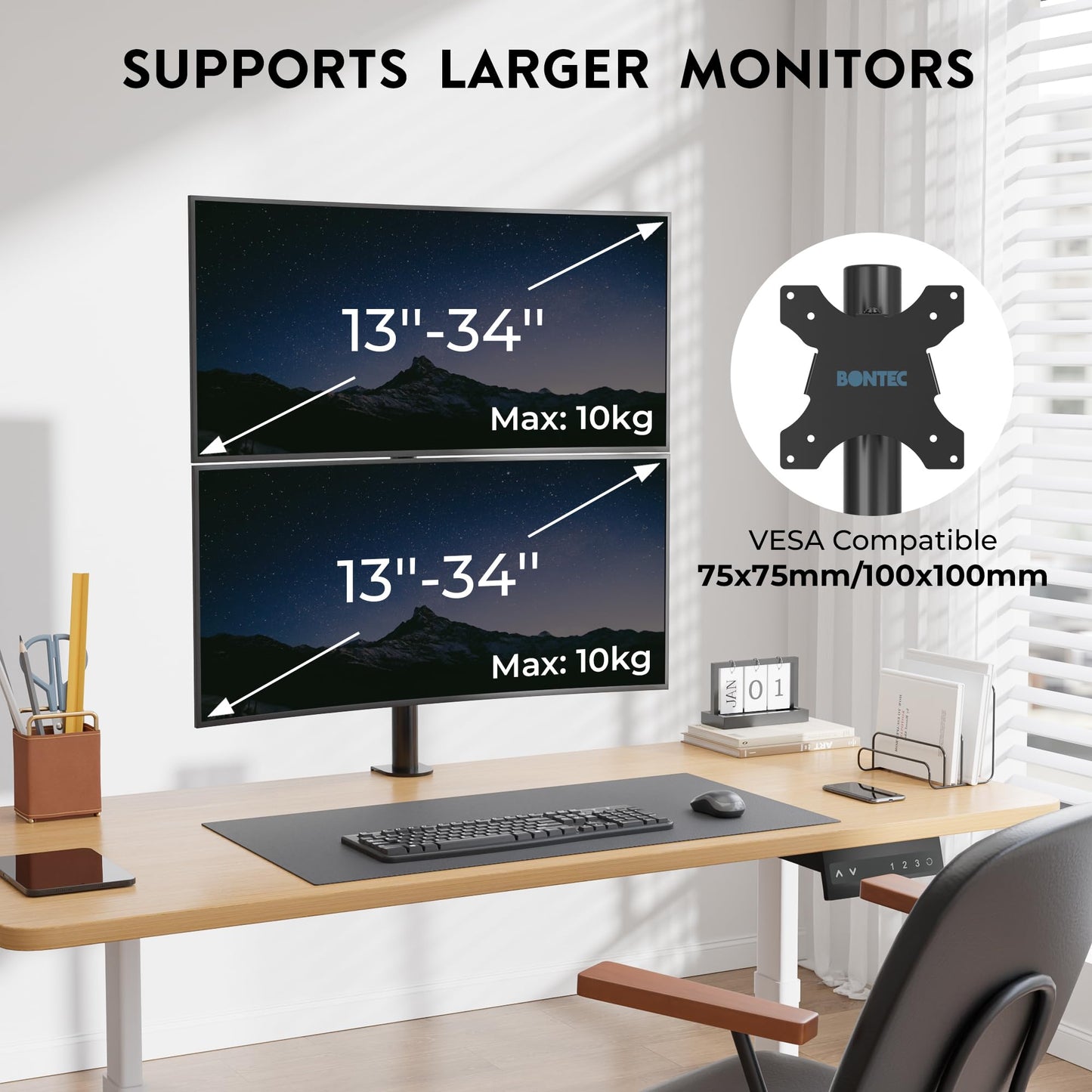 BONTEC Dual Monitor Stand for 13-34 inch screens, Height Adjustable, Swivel, Max. 10kg per monitor, VESA Compatible, Cable Management, C-Clamp & Grommet Mounting, Ergonomic for Home Office & Gaming.