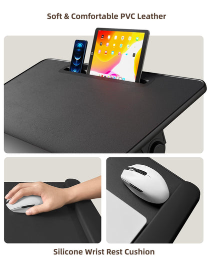 EWX bed desk with folding legs, tablet slot, storage drawer, silicone wrist rest, foldable lap table for eating, working, writing, and drawing.