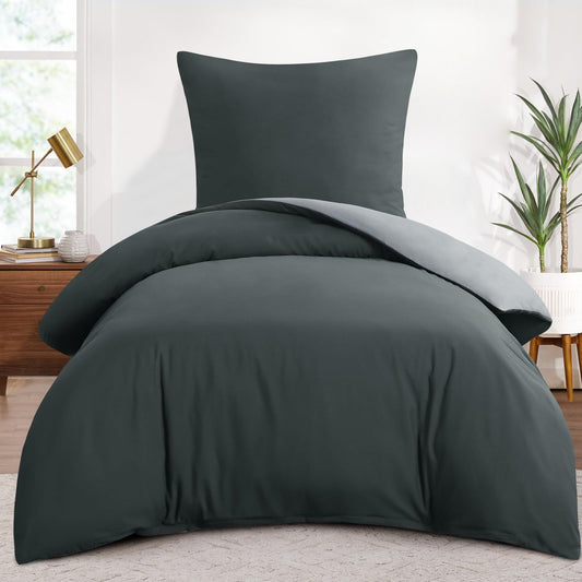 Aisbo bedding 155x220 2-piece anthracite/gray - bedding sets 1 duvet cover 155x220 cm + 1 pillowcase 80x80 cm, ÖKO-TEX reversible bedding soft microfiber with zipper.