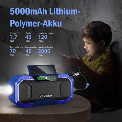 Solar crank radio with Bluetooth speaker, phone charging function, and bike mount. IPX5 waterproof and portable. Emergency AM/FM radio with 5000mAh battery. Perfect for camping and outdoor activities with built-in flashlight and SOS feature.