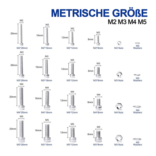 880 Pcs Stainless Steel Hex Head Button Screws, Nuts, and Washers Assortment Kit with flat storage case box + Allen key.