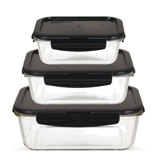 LOCK & LOCK glass food storage containers with lid, set of 3 rectangular & large - OVEN GLASS - fridge & freezer safe - casserole dish oven & microwave safe
