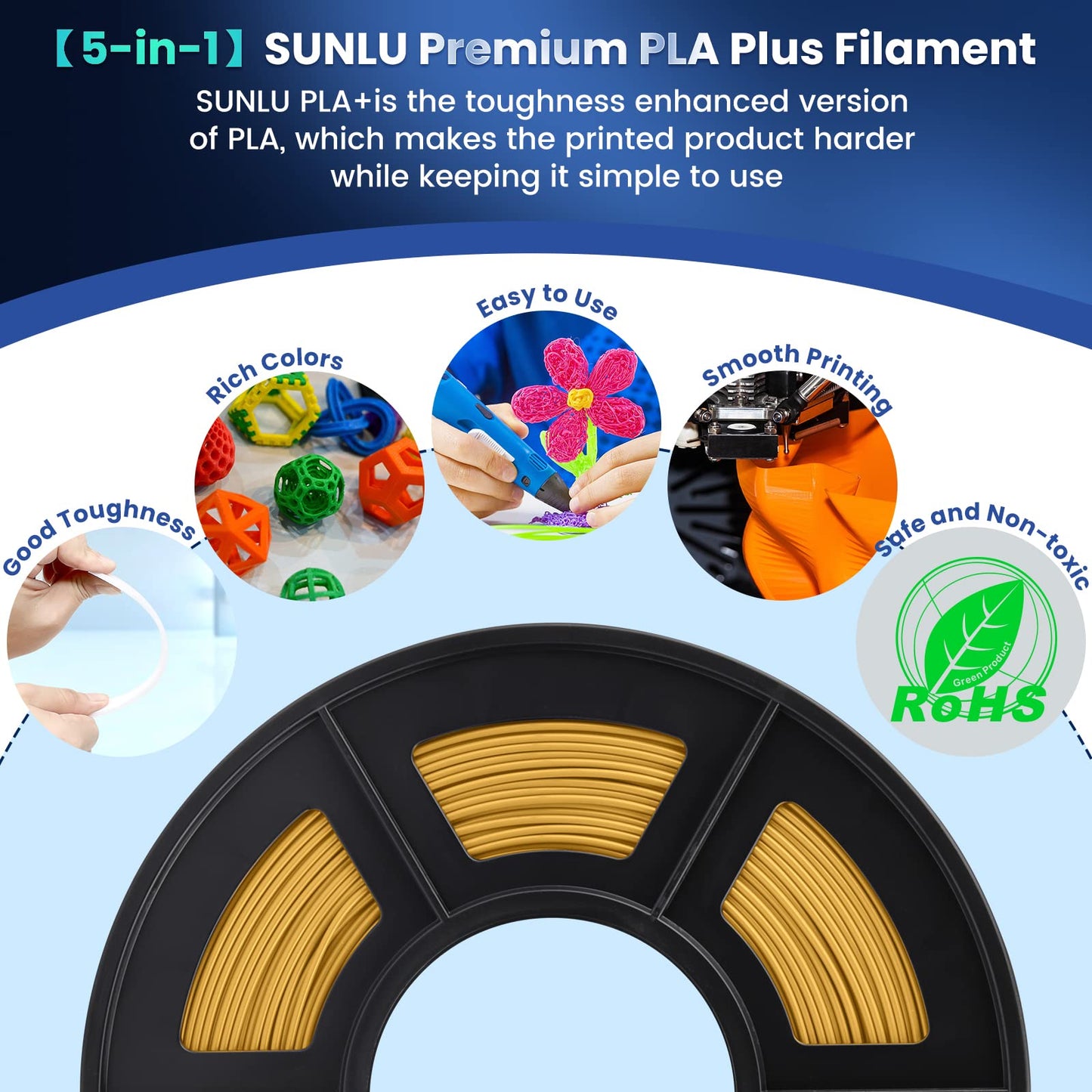 SUNLU PLA+ Filament 1.75mm, PLA Plus 3D Printer Filament, Stronger, Neatly Wound, 1KG 3D Printing PLA+ Filament, Dimensional Accuracy +/- 0.02mm, Gold