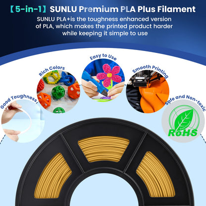 SUNLU PLA+ Filament 1.75mm, PLA Plus 3D Printer Filament, Stronger, Neatly Wound, 1KG 3D Printing PLA+ Filament, Dimensional Accuracy +/- 0.02mm, Gold