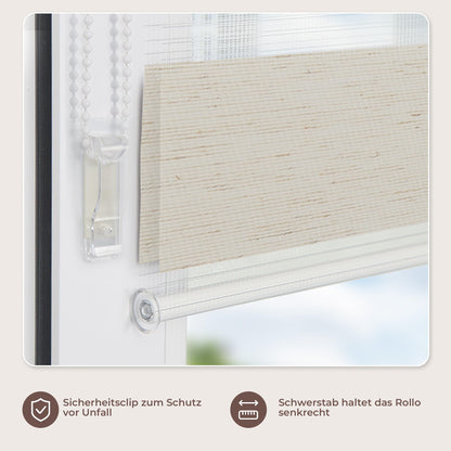 All in one double roller clamp without drilling & with drilling, Duo blinds for windows and doors, clamp roller blind translucent, privacy and sun protection, 85x190cm (WxH), linen