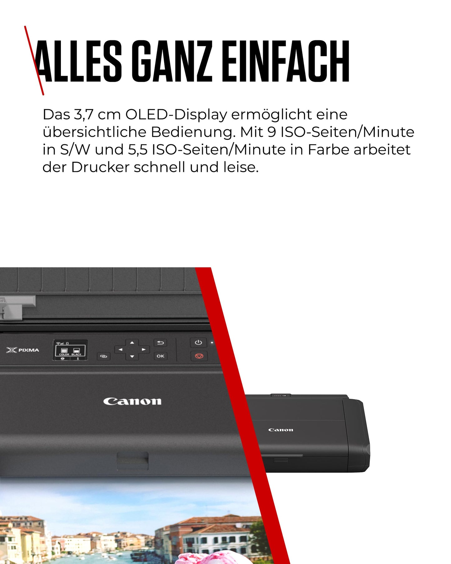 Canon PIXMA TR150 mobile printer with battery (WLAN, cloud, AirPrint, 4,800 DPI x 1,200 DPI, high-speed USB Type C, OLED display, inkjet printer), black.
