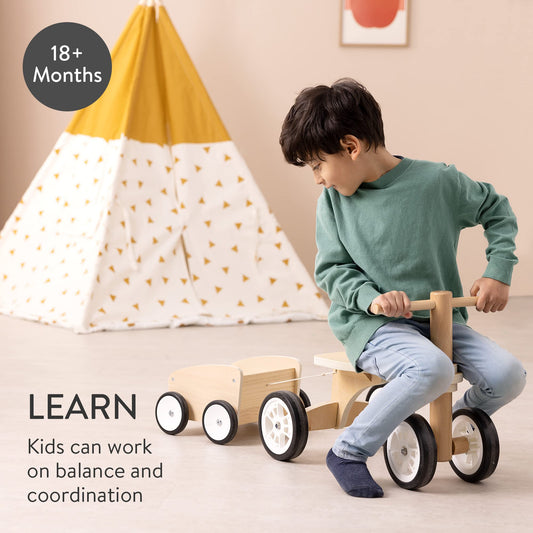 Navaris wooden push bike with trailer - balance bike for children from 18 months - wooden push bike slider - 4 wheels baby bike ride-on toy