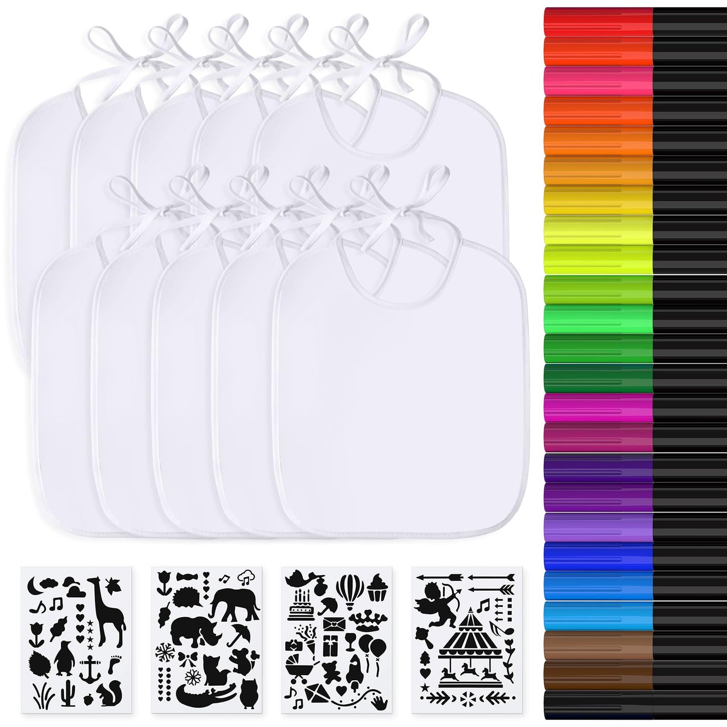 APOGO Bibs for Painting 10 Pieces White Bibs 29.5 * 25.3cm Made of Cotton and Waterproof Side, with 24 Textile Ties and 4 Templates for Boy and Girl Baby Shower Party Decorations