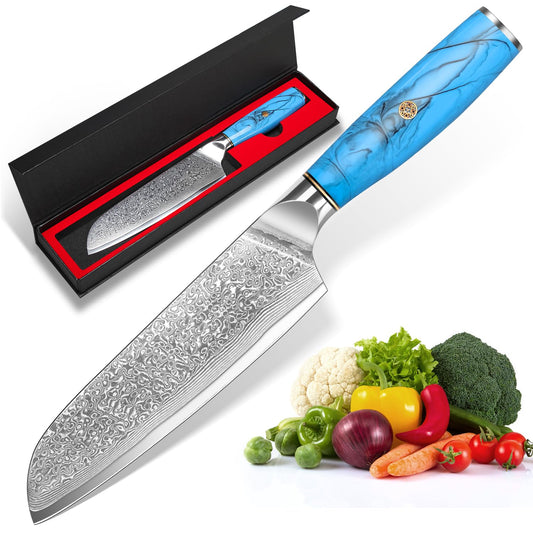 Home Safety Santoku Knife, Damascus Knife, Damascus Sushi Knife with Extremely Sharp 17.5 cm Blade Vegetable Knife made of 67 Layers of Vg-10 Damascus Steel Ergonomic Resin Handle, Gift Box