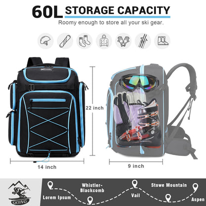 FIXITOK ski boot bag with helmet compartment and backpack straps, 60L ski backpack ski boot backpack with helmet pouch, ski bag siksack for ski boots, snowboard.