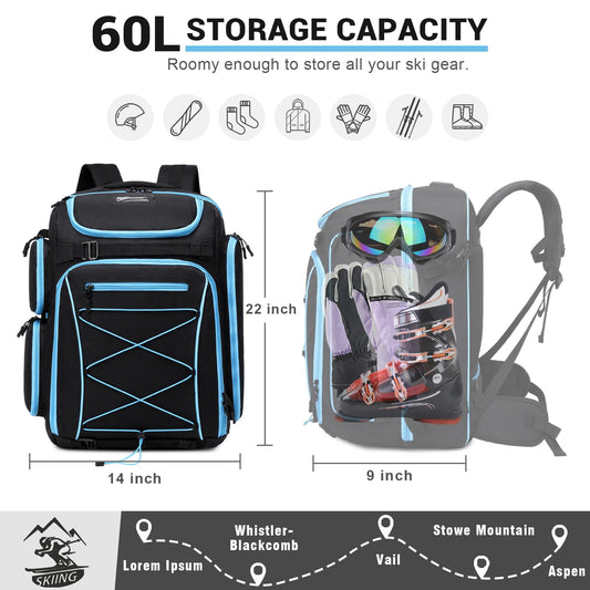 FIXITOK ski boot bag with helmet compartment and backpack straps, 60L ski backpack ski boot backpack with helmet pouch, ski bag siksack for ski boots, snowboard.