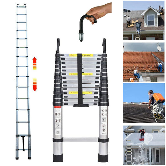 4.4M Telescoping Ladder with Hooks, Non-Slip Extendable Foldable Sliding Ladder made of high-quality Aluminum, 15 Steps Multi-Purpose Stepladder, 330 Pound Capacity