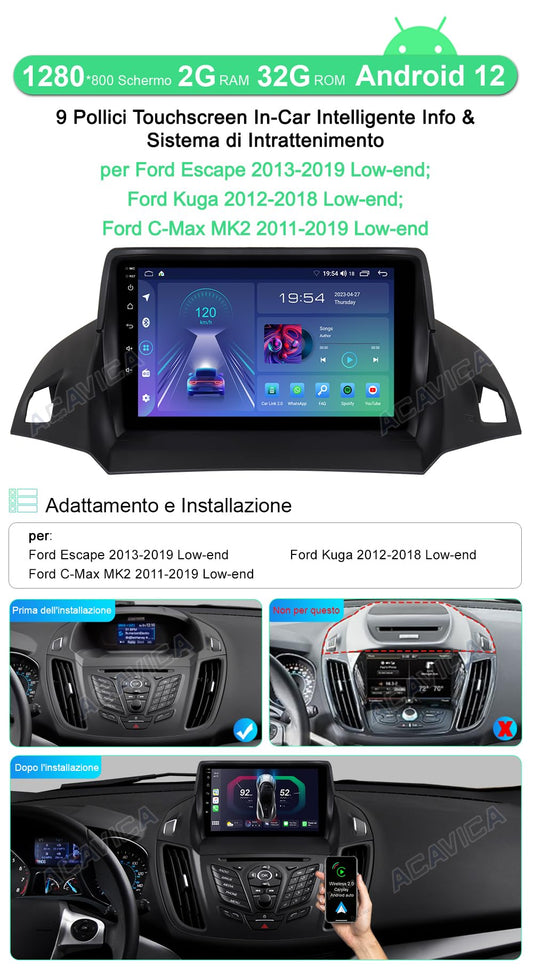 ACAVICA Android 9 inch car radio with GPS navigation for Ford Escape 2013-2019 Kuga 2012-2018 Bluetooth Sat NAV Wireless Carplay Radio Multimedia Player WiFi USB 2+32 GB (A 2+32GB Quad Core)