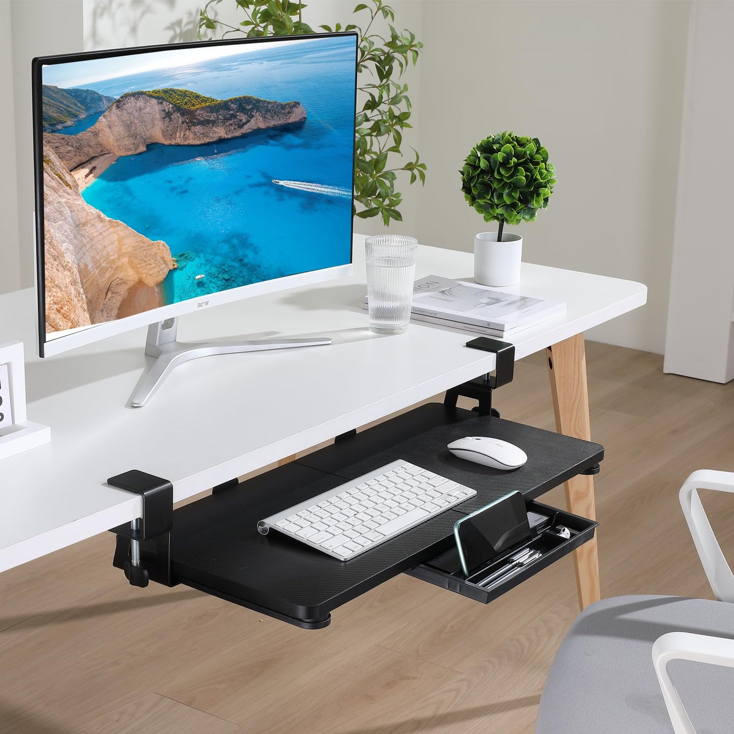 ETHU Office Keyboard Drawers Keyboard Tray Keyboard Shelf 68 x 30 cm with C-Clamp Mount, Under Desk Mount Keyboard Drawer Ergonomic Computer Keyboard Shelf for Home and Office