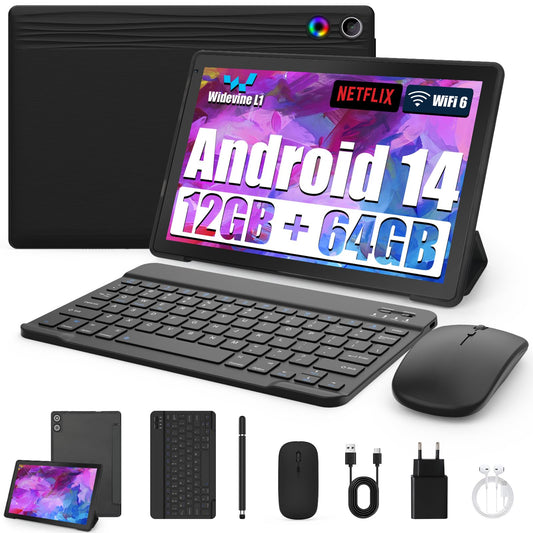 10" Tablet 8-in-1 Kit Android 14 Tablet PC with Case, Keyboard, Mouse, Stylus, Headphones, Power Adapter, Cable, Octa-Core, 12GB RAM, 64GB ROM, 1TB TF Expandable, 1280x800 IPS Touchscreen, 5000mAh (Black)