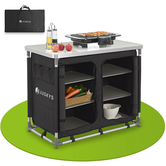 Juskys camping kitchen foldable with carrying bag - outdoor camping kitchen foldable camping cabinet - foldable kitchen box - black