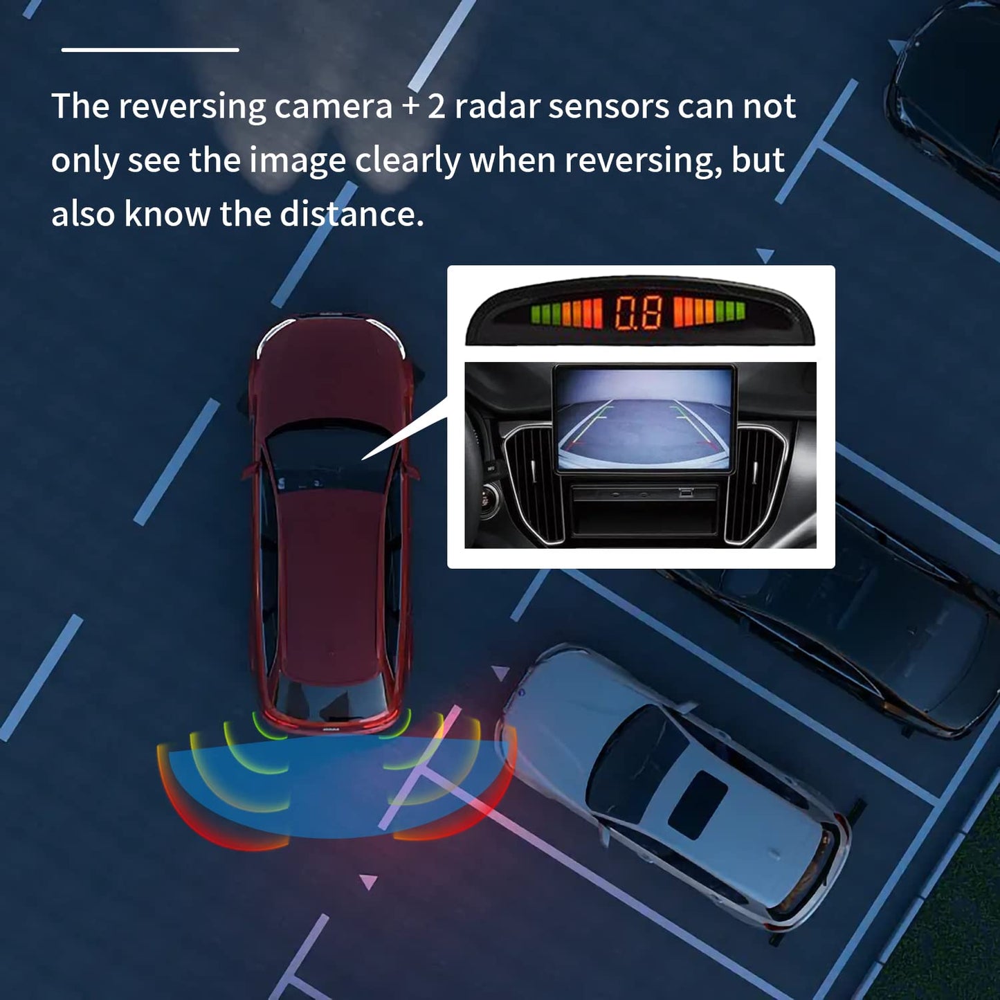 Rear view camera license plate holder with 2 parking sensors + LED distance display, 8 lights rear view camera, 170° wide angle, IP67 waterproof.