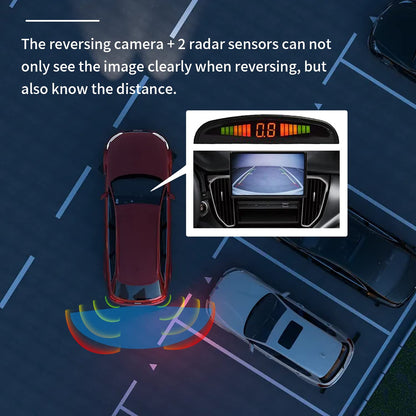 Rear view camera license plate holder with 2 parking sensors + LED distance display, 8 lights rear view camera, 170° wide angle, IP67 waterproof.