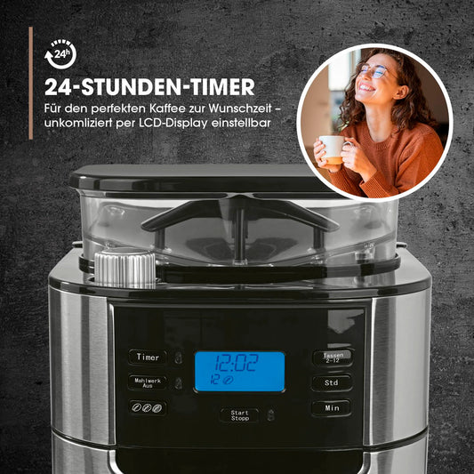 Barista coffee machine with adjustable grinder & thermal carafe | Keep warm function, 24h timer & permanent filter | Makes 10 cups of coffee | Compatible with beans & powder [Stainless steel]