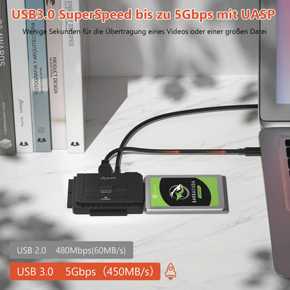 Alxum IDE SATA Adapter - 2.5/3.5'' SATA & IDE HDD Converter with USB 3.0 and Power Switch, 12V/2A Power Supply and USB-C Cable