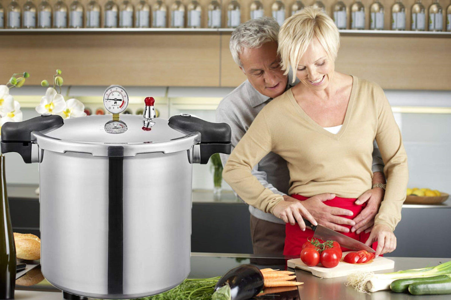 25 liter pressure cooker canner for all American canning needs, water bath canner included. Features pressure gauge, pressure regulator, and induction compatibility. Pressure release valve set at 13 PSI +/- 5%.