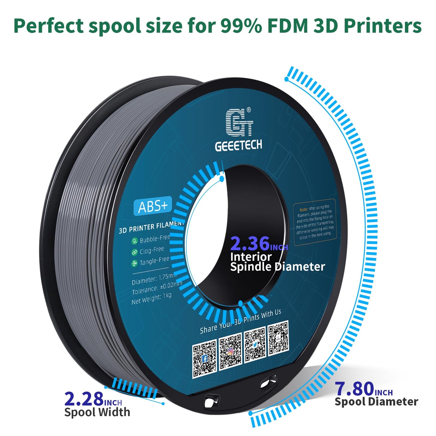 GEEETECH ABS+ Filament 1.75mm, 3D printer filament ABS 1KG spool, dimensional accuracy +/- 0.03mm, Grey
