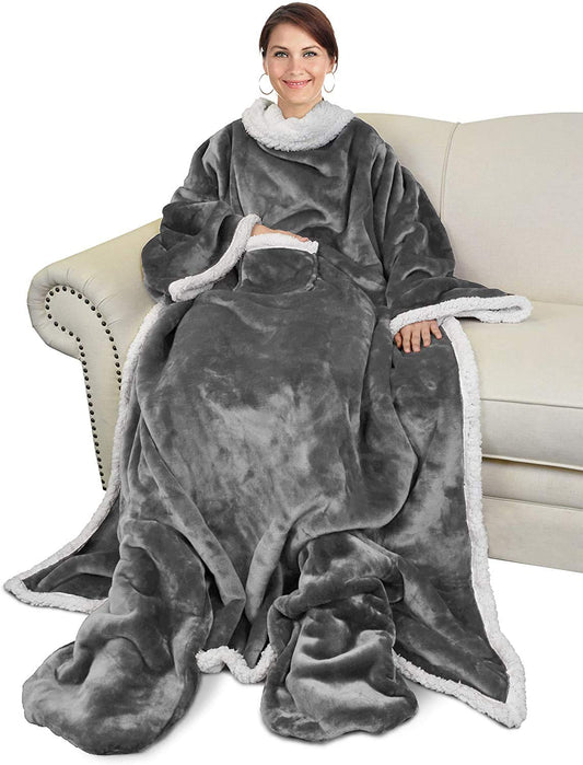 Catalonia Classy Soft Blanket with Sleeves and Foot Pocket, Warm Gift for Women Men Christmas, Fluffy Sherpa Snuggle Blanket with Sleeves, Wearable Adult Throw Blanket, 190 x 135 cm Gray