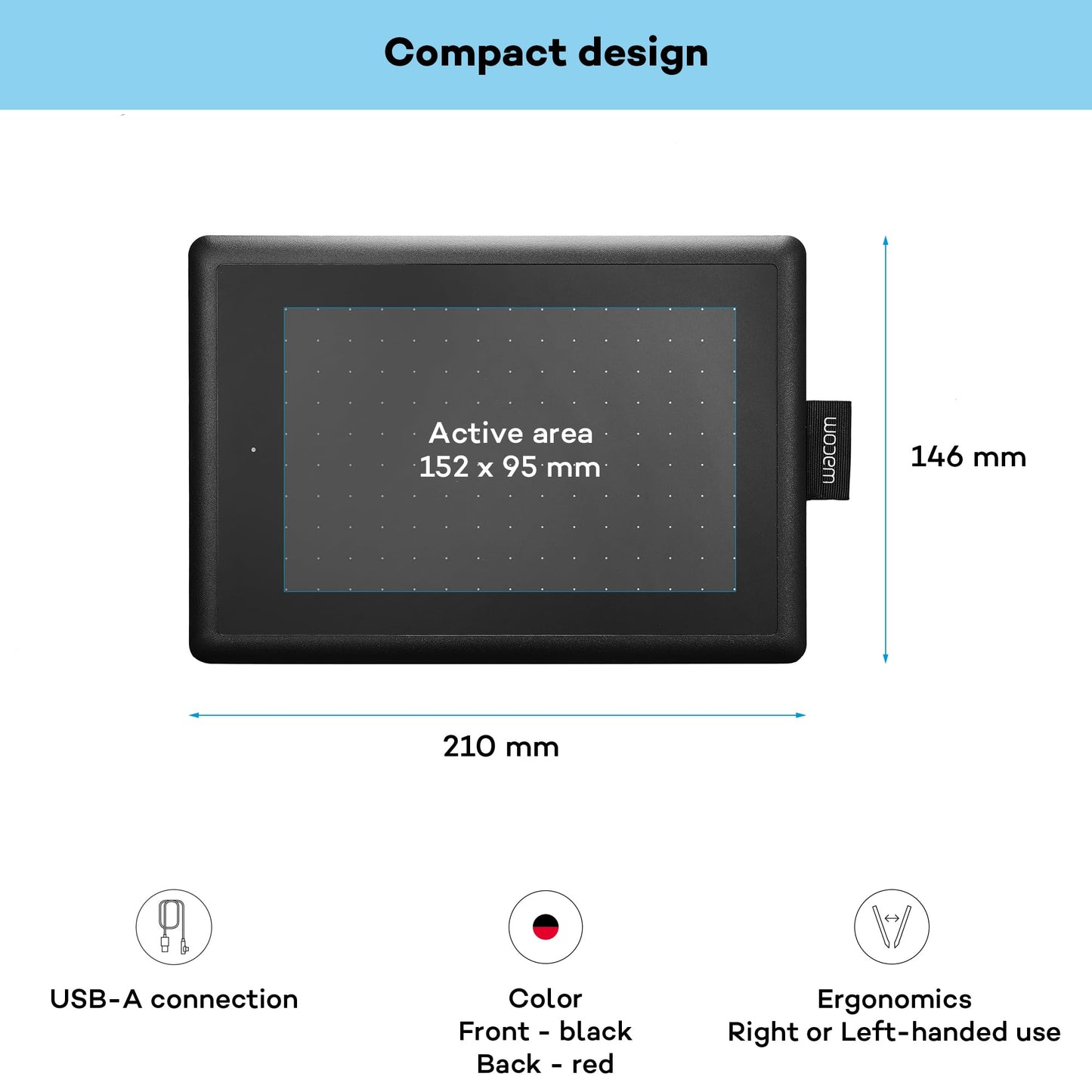 One by Wacom pen tablet with pressure-sensitive pen, compatible with Windows, Mac & Chromebook, Small, black/red.