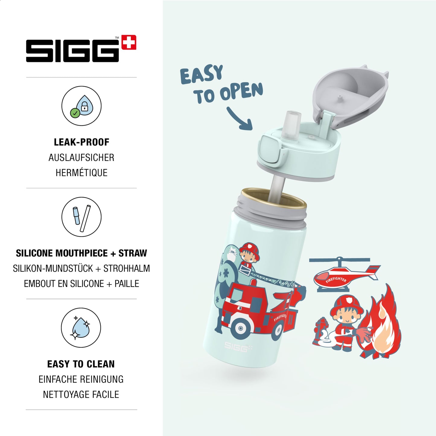 SIGG Miracle Fireman Kids Water Bottle (0.4 L), durable kids bottle with leak-proof lid, one-handed aluminum water bottle operation.