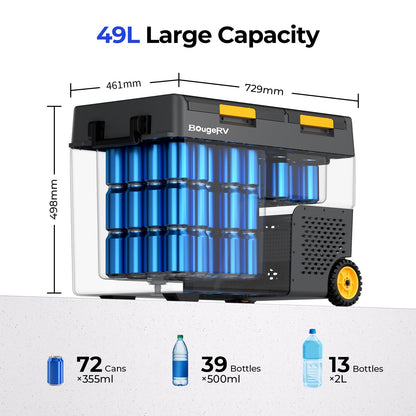 BougeRV CRD2 compressor refrigerator 49L with freezer compartment, dual doors, dual zones (improved aluminum handle). Car fridge with wheels, 12V/24V 230V, camping electric cooler with APP control, -20°C~20°C.