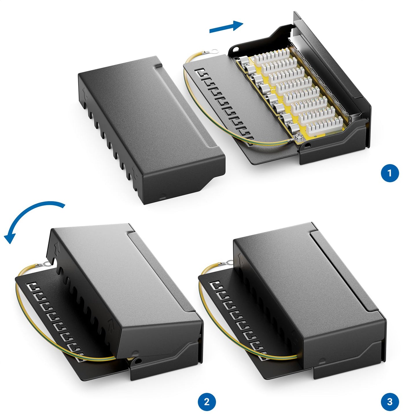 deleyCON CAT 6 Patch Panel Distribution Panel 8 Port - Desktop & Wall Mount - Shielded - 8x RJ45 Socket - TIA568A TIA568B Black