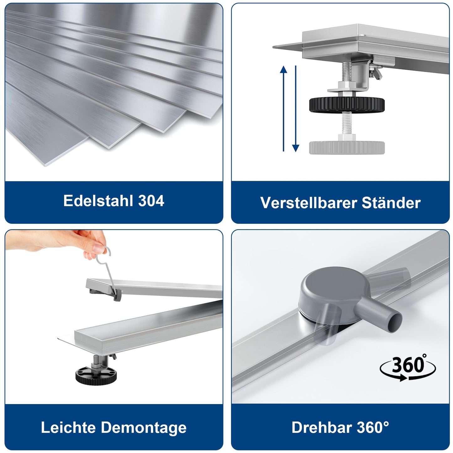 Neodrain shower drain 80cm stainless steel floor drain - 360° siphon drainage channel extra flat with odor stop hair sieve and drainage pipe adapter for bathroom, outdoor area