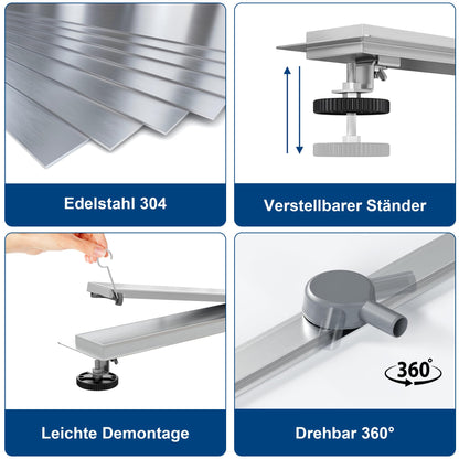 Neodrain shower drain 80cm stainless steel floor drain - 360° siphon drainage channel extra flat with odor stop hair sieve and drainage pipe adapter for bathroom, outdoor area