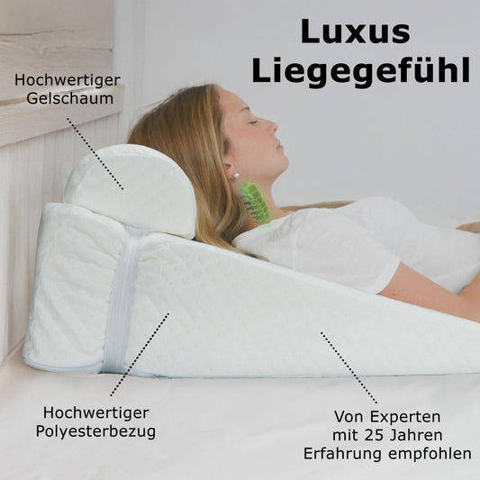 Orthopedic reflux wedge pillow made of 100% gel foam in Europe. Ergonomic and pressure-relieving with a 25° angle for healthy sleep. Washable white polyester cover with neck roll.