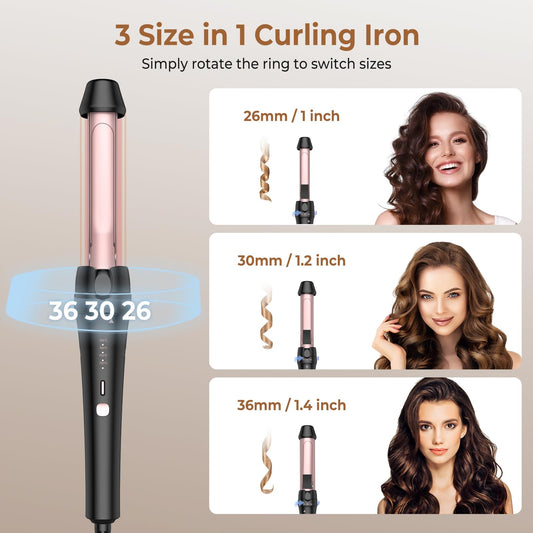 26/30/36mm curling iron, 3 in 1 curling iron for short and long hair, Rotating ring to switch sizes without changing accessories, Dual voltage for travel (Black-Rose)