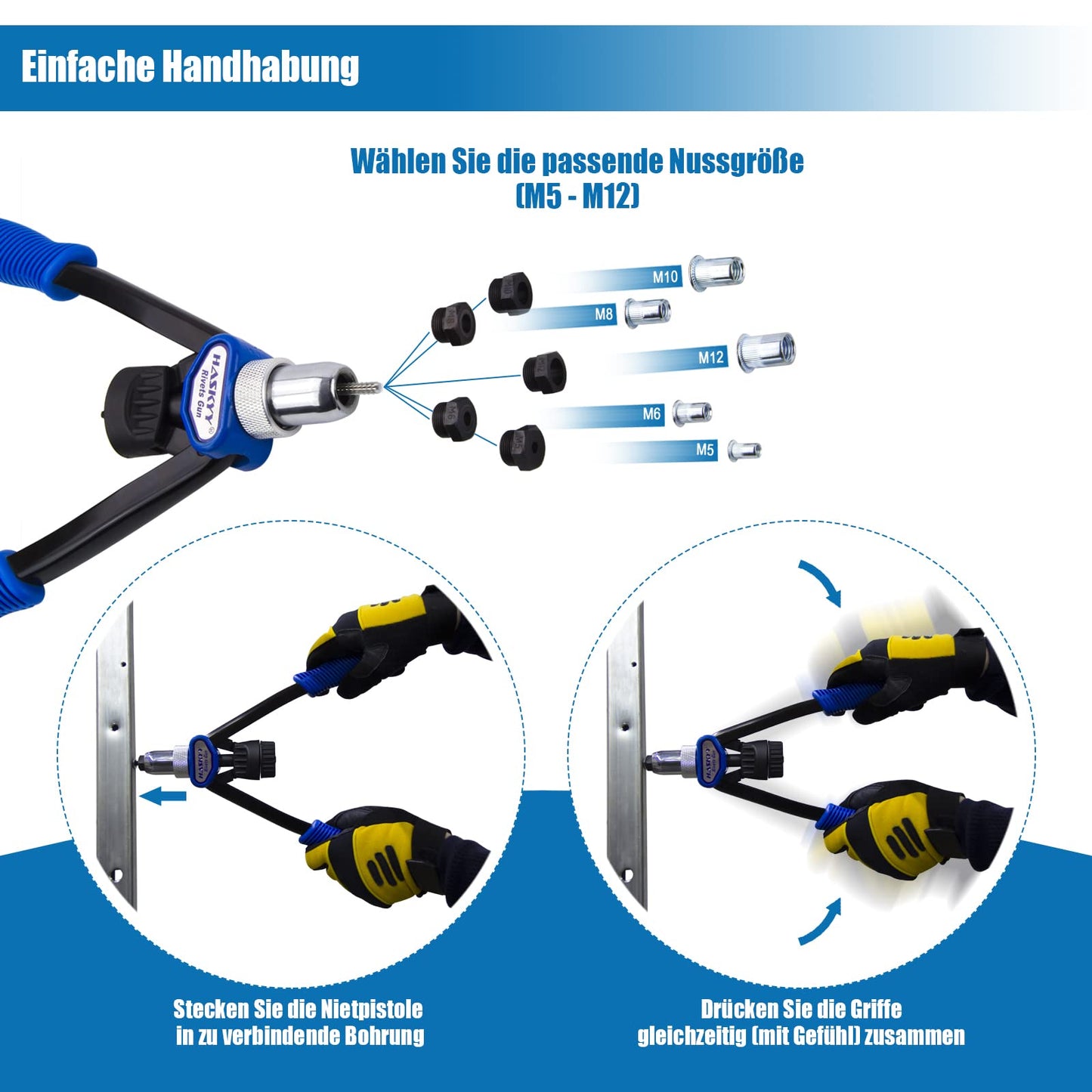 Professional rivet nut tool set includes rivet nut gun and 150 steel rivet nuts in M5 M6 M8 M10 M12 sizes, 30 pieces each.