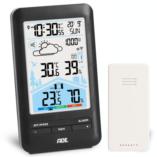 ADE weather station with radio control, outdoor sensor, and radio alarm clock. Includes ventilation recommendation, hygrometer, thermometer, 2 alarms, animated weather forecast, snooze function, and LCD color display.